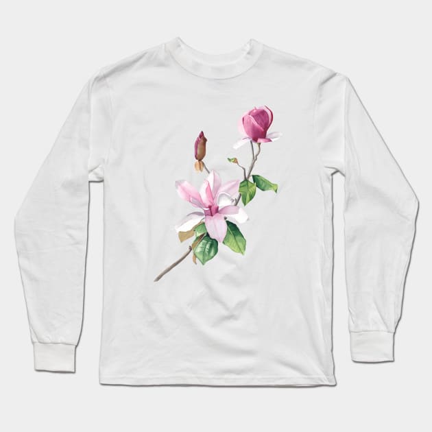 Watercolor magnolia branch Long Sleeve T-Shirt by InnaPatiutko